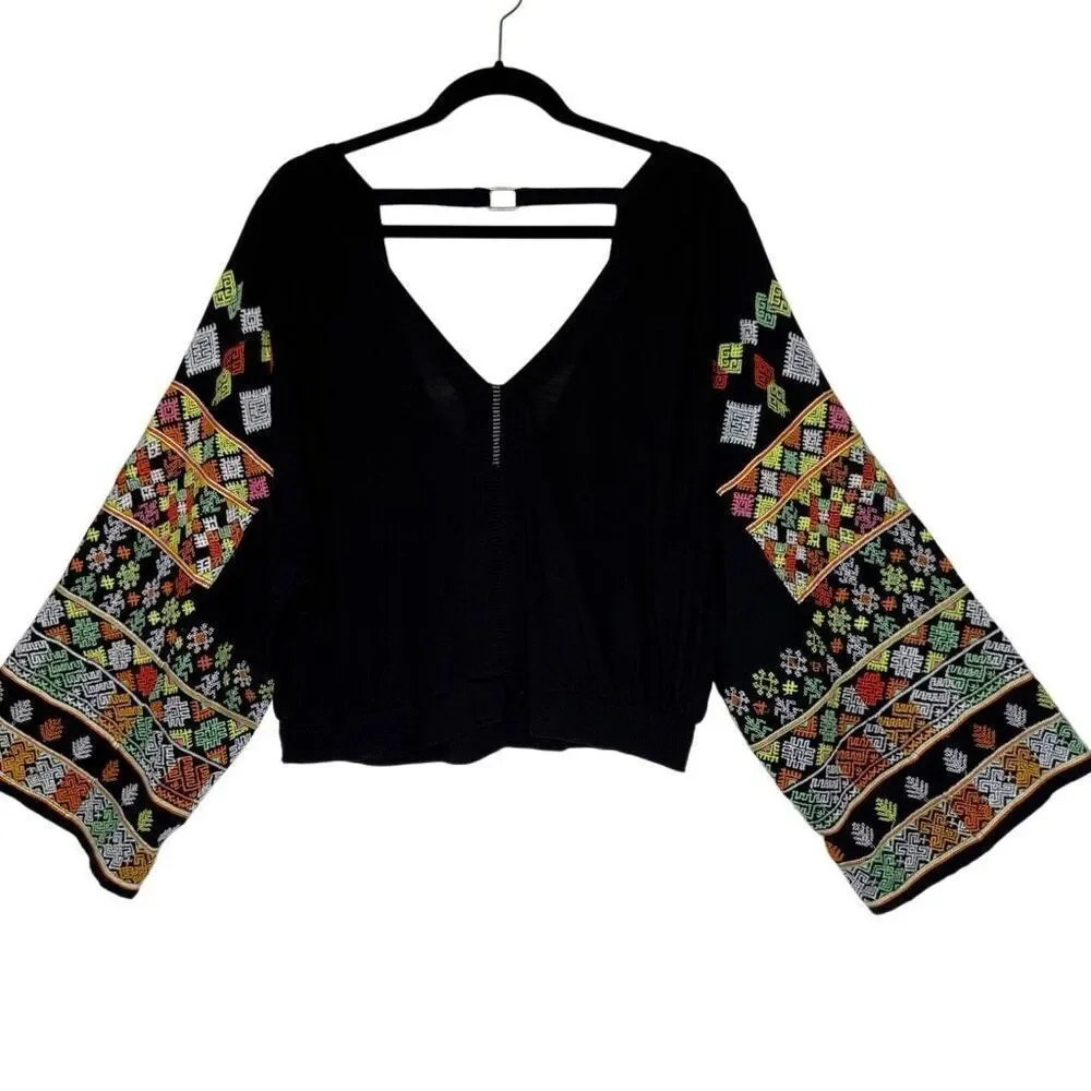NEW Free People Top Black Cropped With Wide Embroidered Bell Sleeve Size L Boho